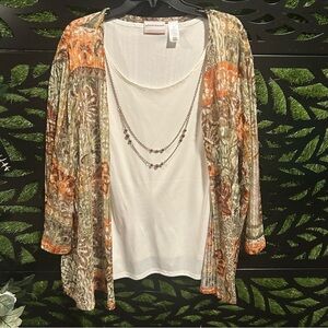 Alfred Dunner Ivory Blouse w/attached faux necklace and sheer kimono, Women's 3X